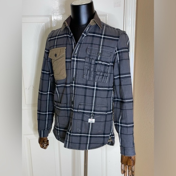 Diesel Chore Shirt Jacket Overshirt Flannel Check Leather Collar Small Mens - Picture 4 of 13